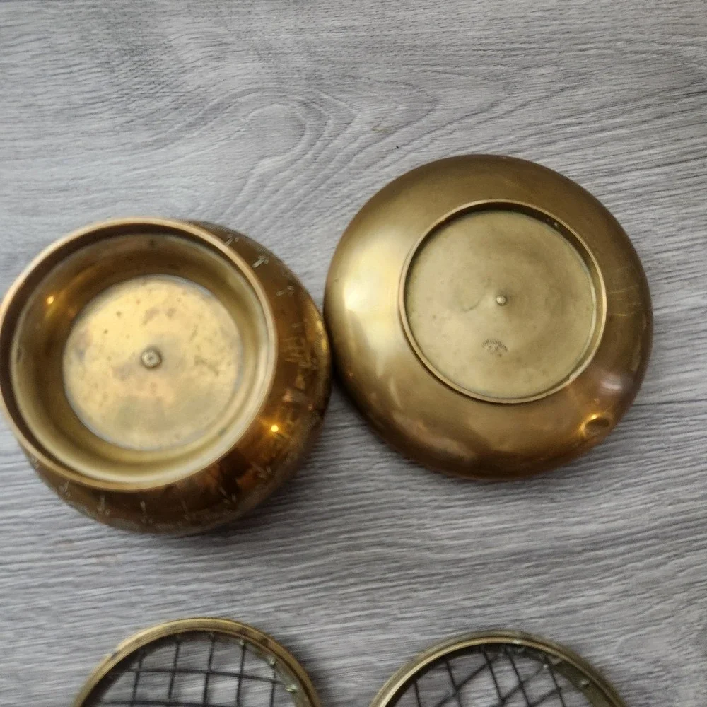 Vintage Etched Brass Rose Bowl Set with‎ Engraved Flowers Frog Mesh Insense Bowl